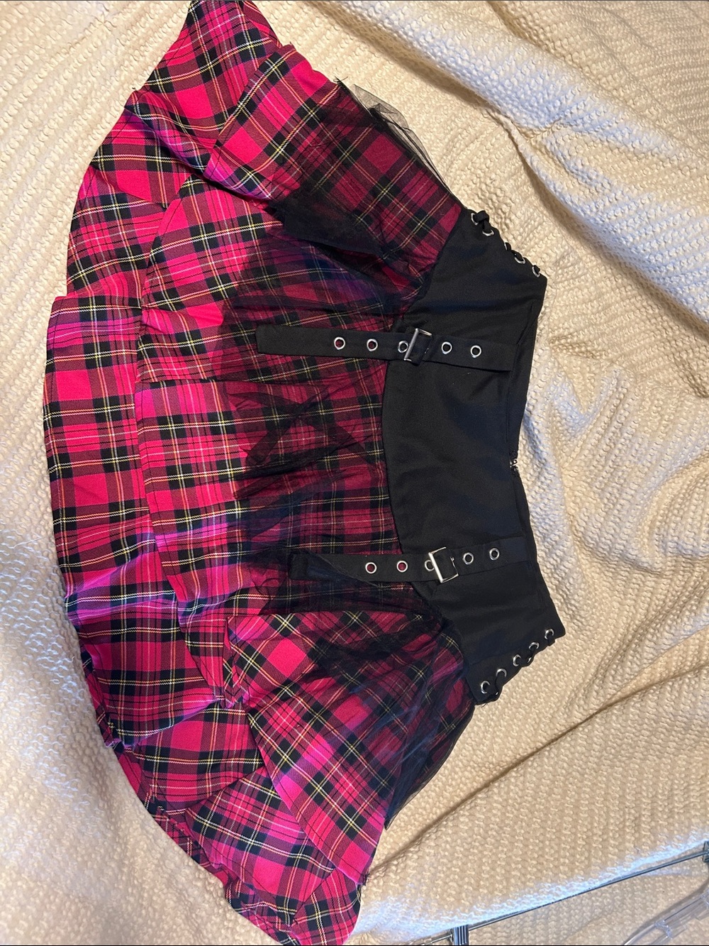 Pink Plaid Circle Skirt with Black Buckle Waist